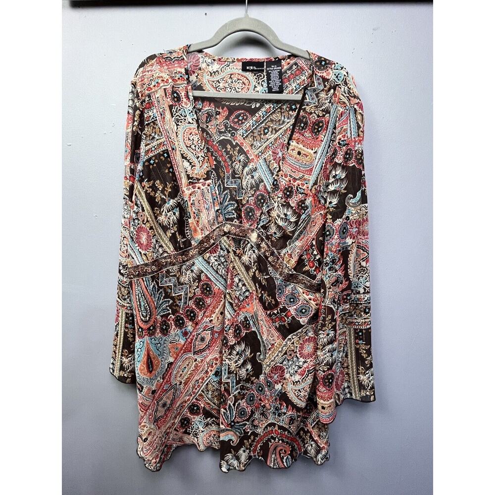 Long Sleeve Paisley Wrap-Front Top in Brown and Coral